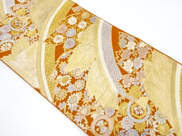 JAPANESE KIMONO / ANTIQUE FUKURO OBI / SILK / WOVEN FLORAL ARABESQUE